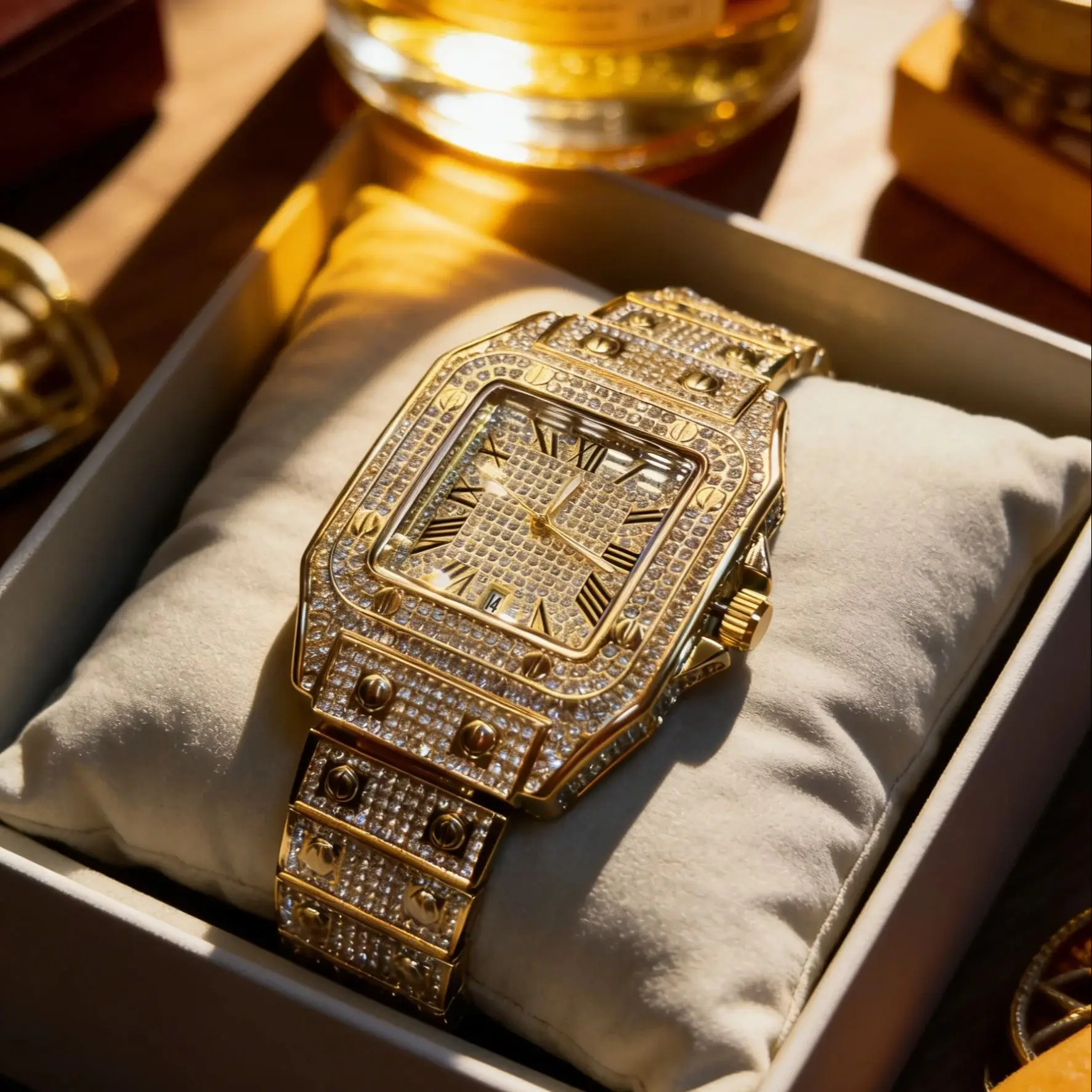 Men's Diamond-Encrusted Quartz Watch, Square Roman Numeral Dial, Full Diamond Sparkle Watch, Luxurious Hip-Hop Style, with Date Display Function, Waterproof Design, Suitable for Men's Parties and Business Occasions