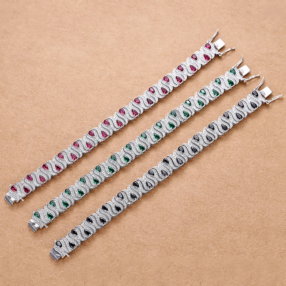 TEMGF 3*5mm Cultivated Emerald/Ruby Gem Bracelet for Women S925 Silver Tulip Design Bangle Party Sparkling Luxury Jewelry Gifts