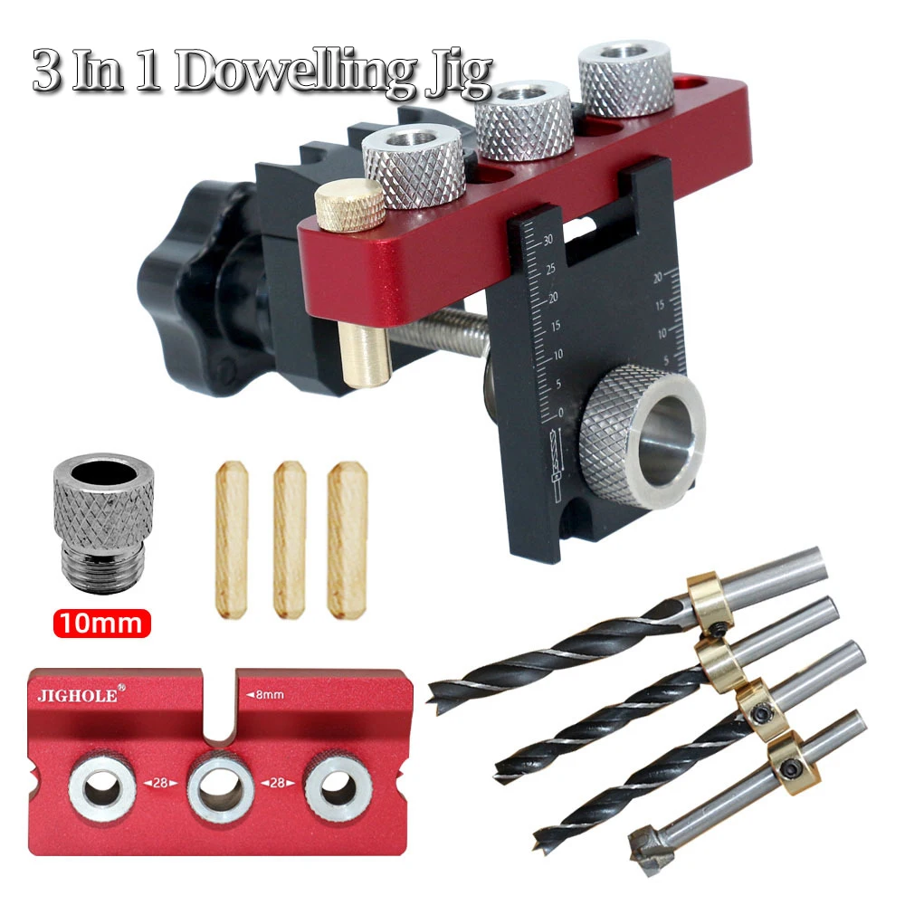 

Woodworking 3 In 1 Dowelling Jig Universal Dowel Cam Jig Wood Hole Drilling Guide Locator Adjustable Pocket Hole Jig Kit New