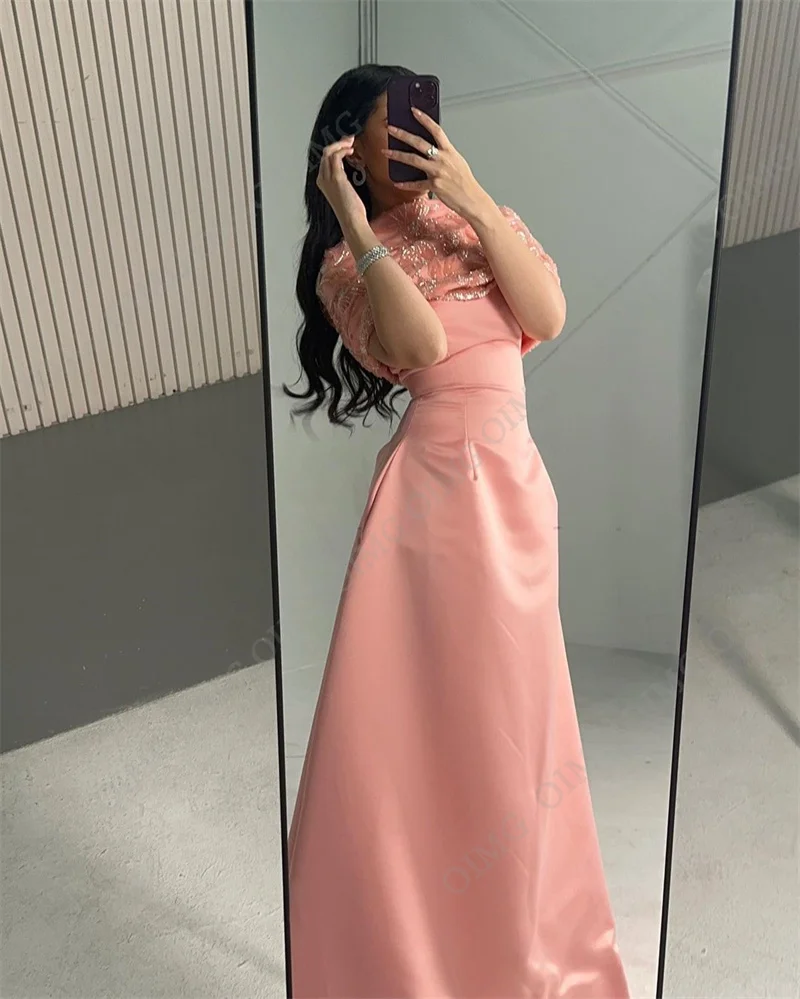 OIMG Luxury Pink Short Sleeves Elegant Green A Line Satin Evening Dress 2024 Lace Appliques Prom Formal Party Satin Gowns Custom