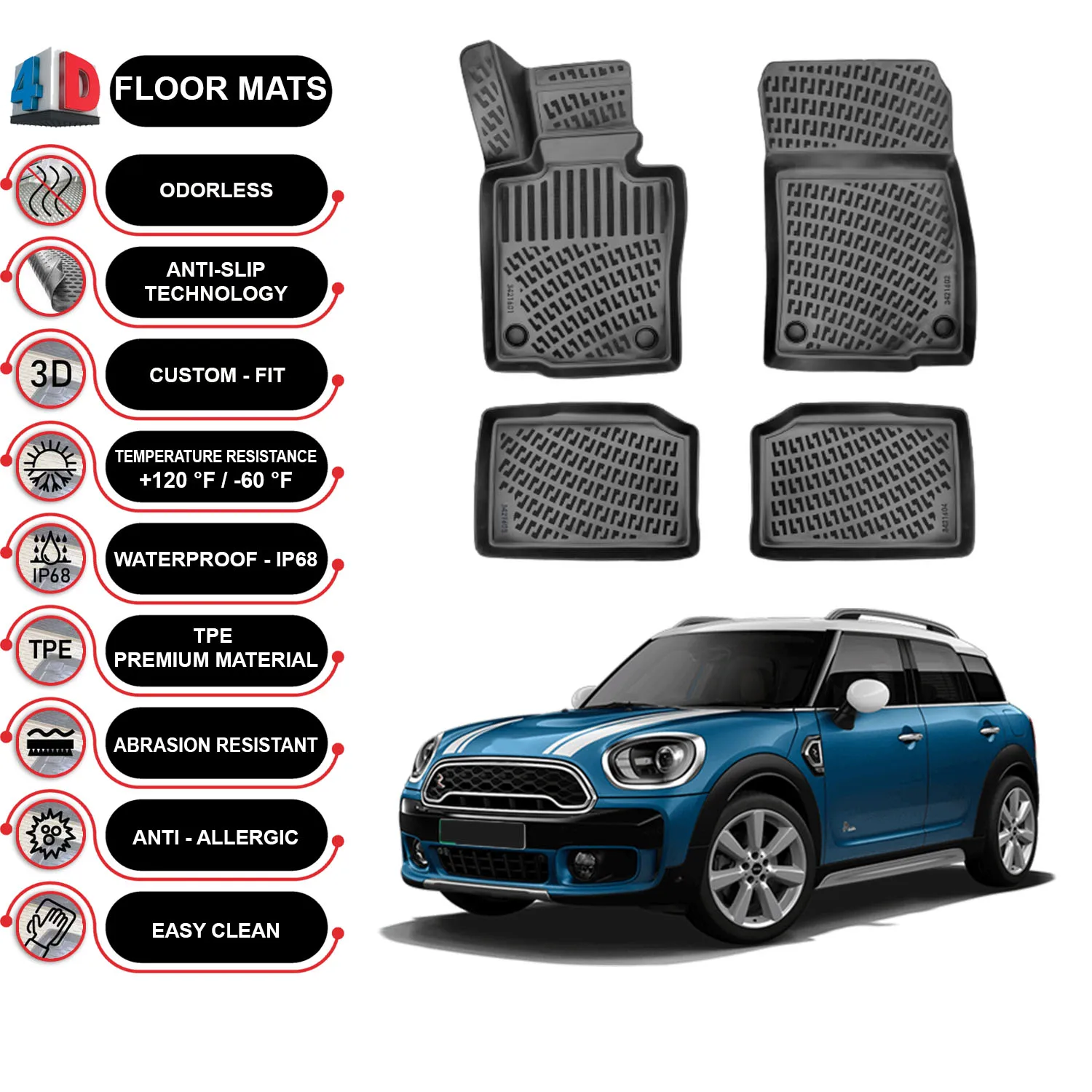 

Mini Cooper Paceman - (2013-2016) Floor Mats Liner Waterproof 3D - (Black)