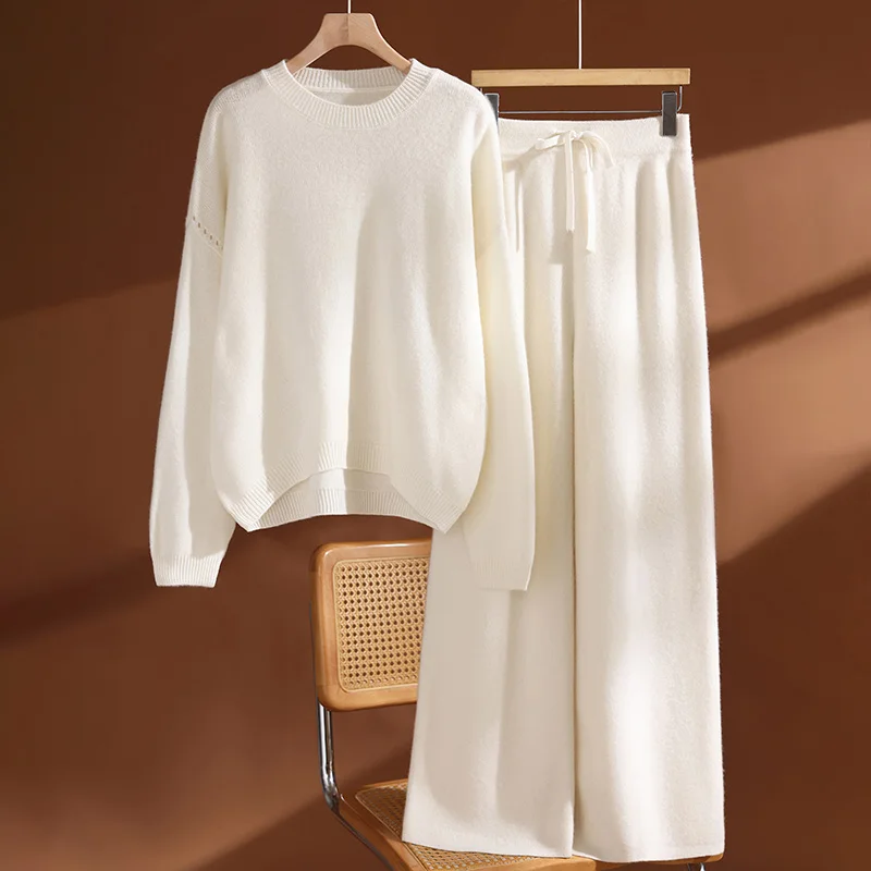 Women's 100% Wool Set O-neck Pullover Wide Leg Pants Loose Thick Autumn Winter Solid Cashmere Sweater Knitwear Trousers Suit