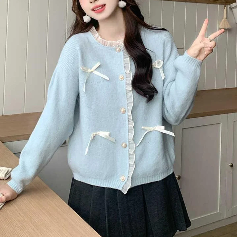 

Trendy long sleeve pink knitted cardigan showcasing lovely bow lace embellishments perfect club attire For Women