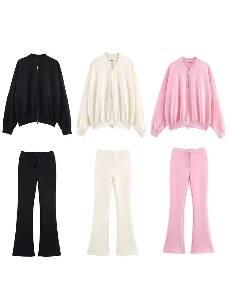 HH Autumn Women Elegant Solid Pants Set Long Sleeve Zipper Bomber Jackets Drawstring Slim Flare Pant Casua Loffice Lady Suits