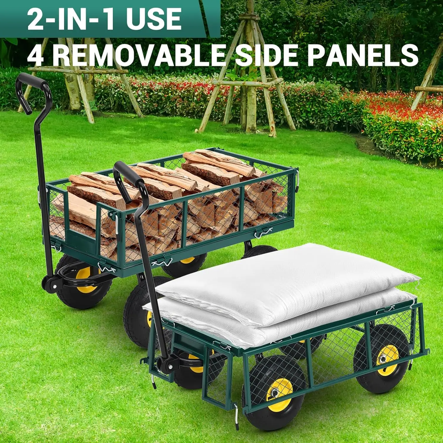 

550/880/1100 Lbs Steel Garden Cart, Heavy Duty Garden Wagon Cart Pullable on Wheels, Yard Utility Wagon Carts with 10" Tires