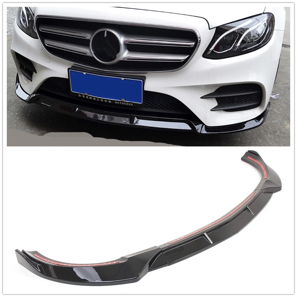 Front Bumper Spoiler Lip For Mercedes Benz W213 E Class Sedan 4 Door Sport 2016 2017-2019 Carbon Fiber Look/Gloss Black Splitter