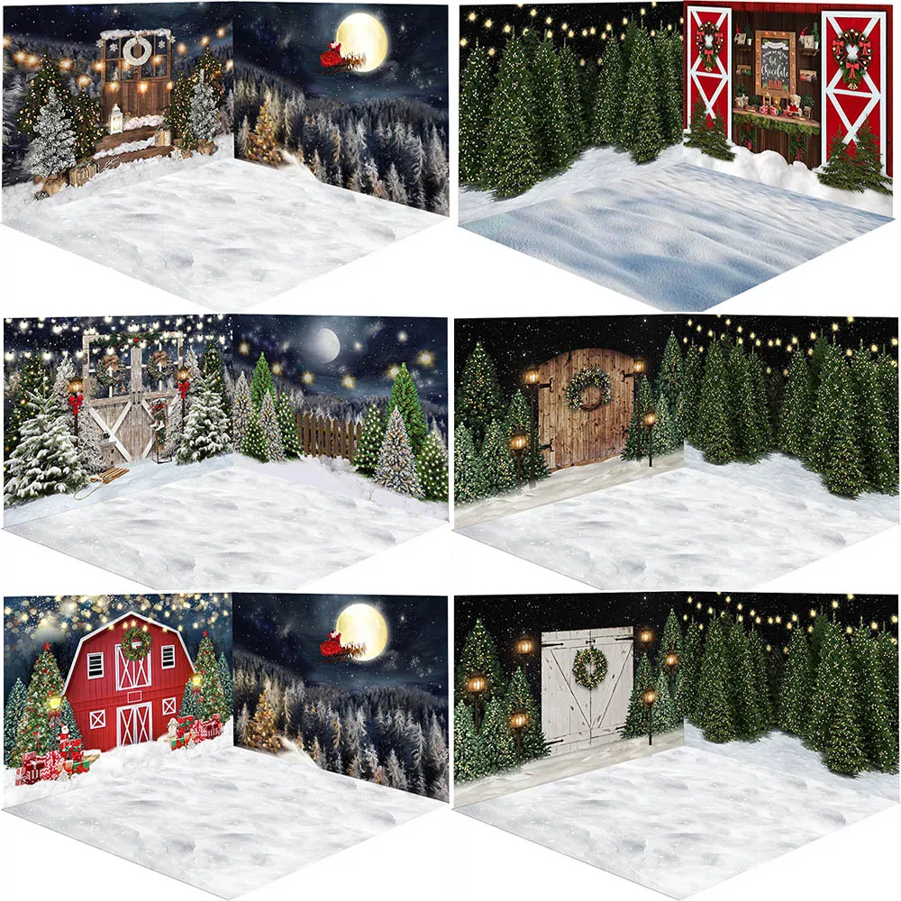 

Christmas Night Holiday Photography Backdrops Winter Forest Snow Background Country Barn Door Portrait Photo Props Studio Booth