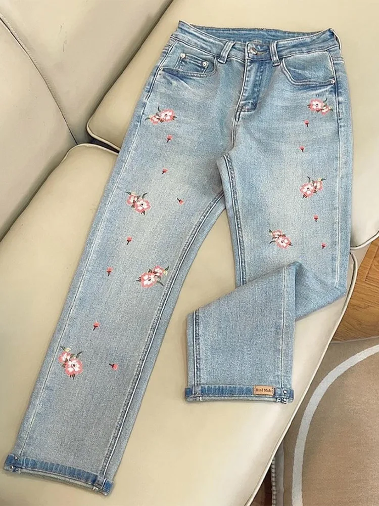 Hohe Taille, hohe Elastizität, Blumendruck, schmale Passform, gerades Bein, vielseitige Neun-Punkt-E-Tube-Hose, Sommer, Neuankömmling