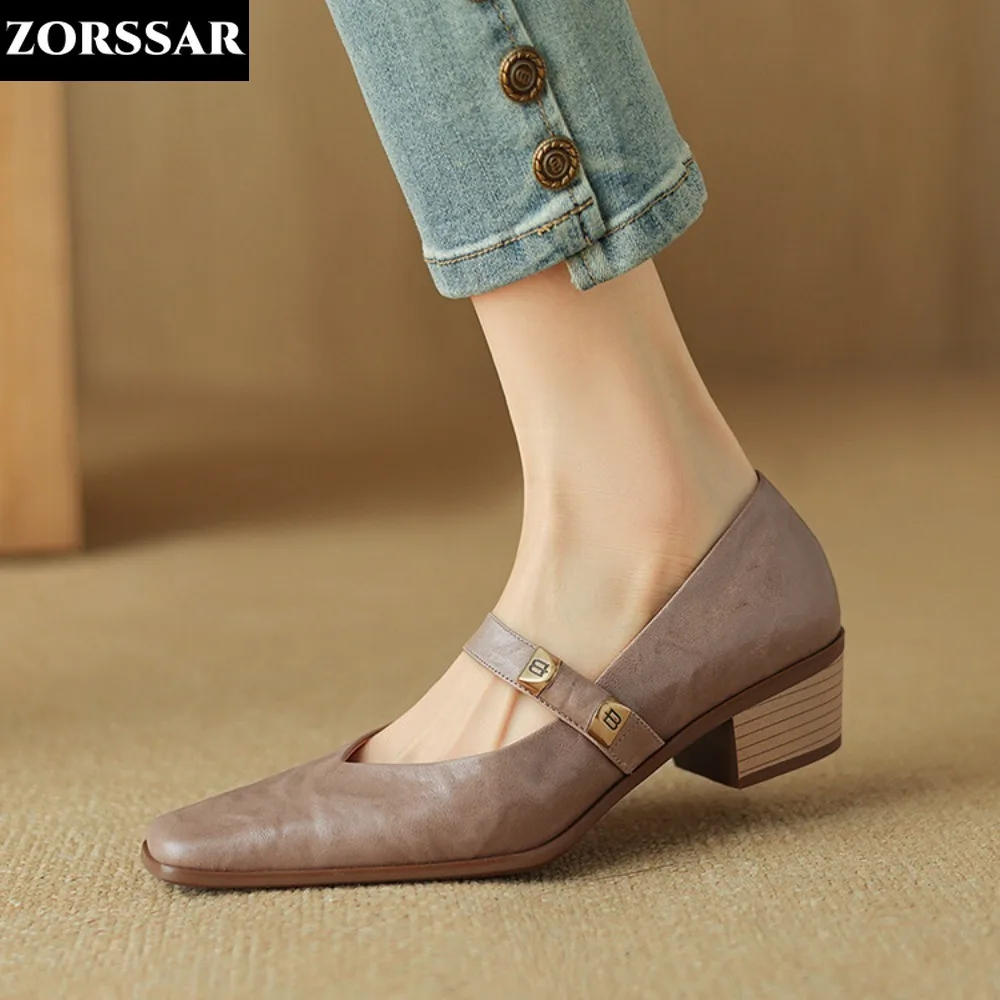 Plus Size Women's Flats Genuine Leather Mary Janes Shoes Square Toe Double Buckle Designer Shoes Low Heels Female Dress Shoes