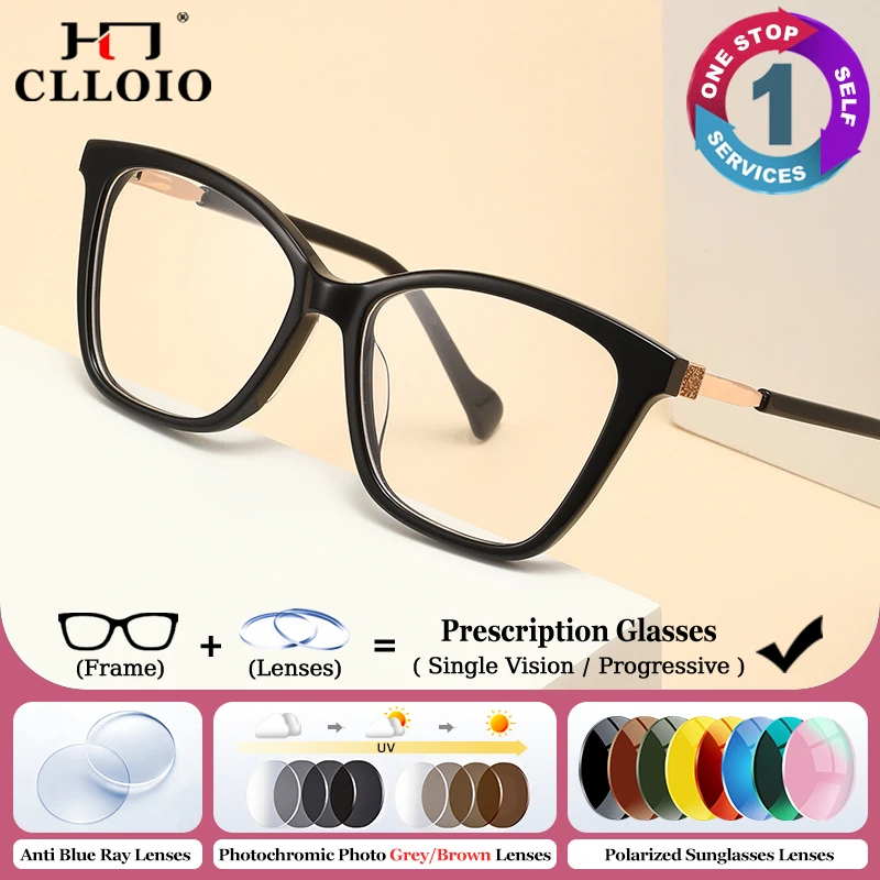 

CLLOIO Simple Large Frame Cat Eye Prescription Glasses Women Acetate Anti Blue Light Myopia/Reading/Multifocal Optical Eyeware