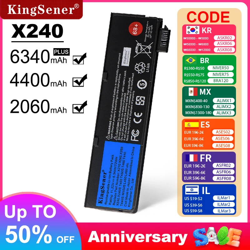 KingSener Laptop Battery For Lenovo Thinkpad X270 X260 X240 X240S X250 T450 T470P T440S K2450 W550S 45N1136 45N1738 68+