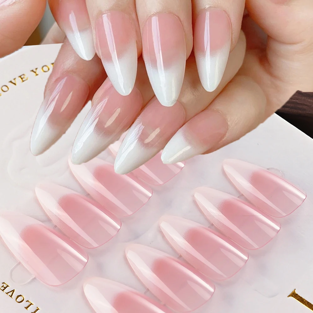 24 stks/doos ombre roze Franse amandel nepnagels witte rand gradiënt amandel druk op nageltips volledige dekking Franse roze kunstnagels