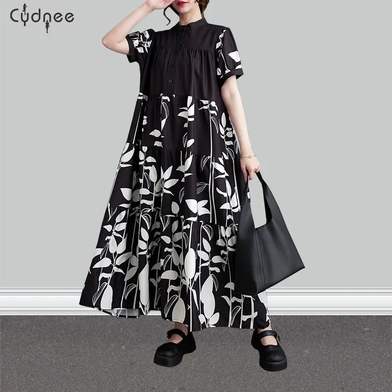 Vestido floral de manga curta feminino, vestido maxi em linha, balanço em camadas, cetim longo, estampa mono, verão