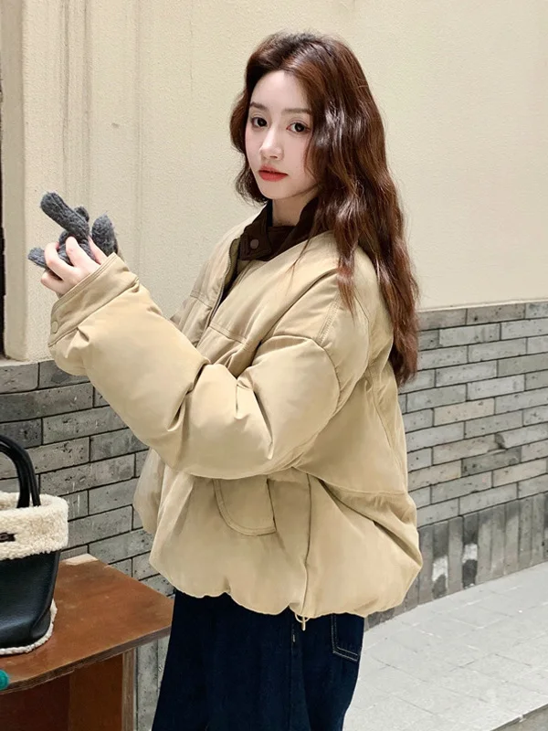 

Модная утепленная хлопковая куртка цвета хаки с воротником на молнии, женская зимняя верхняя одежда в корейском стиле, теплая, универсальная, модная