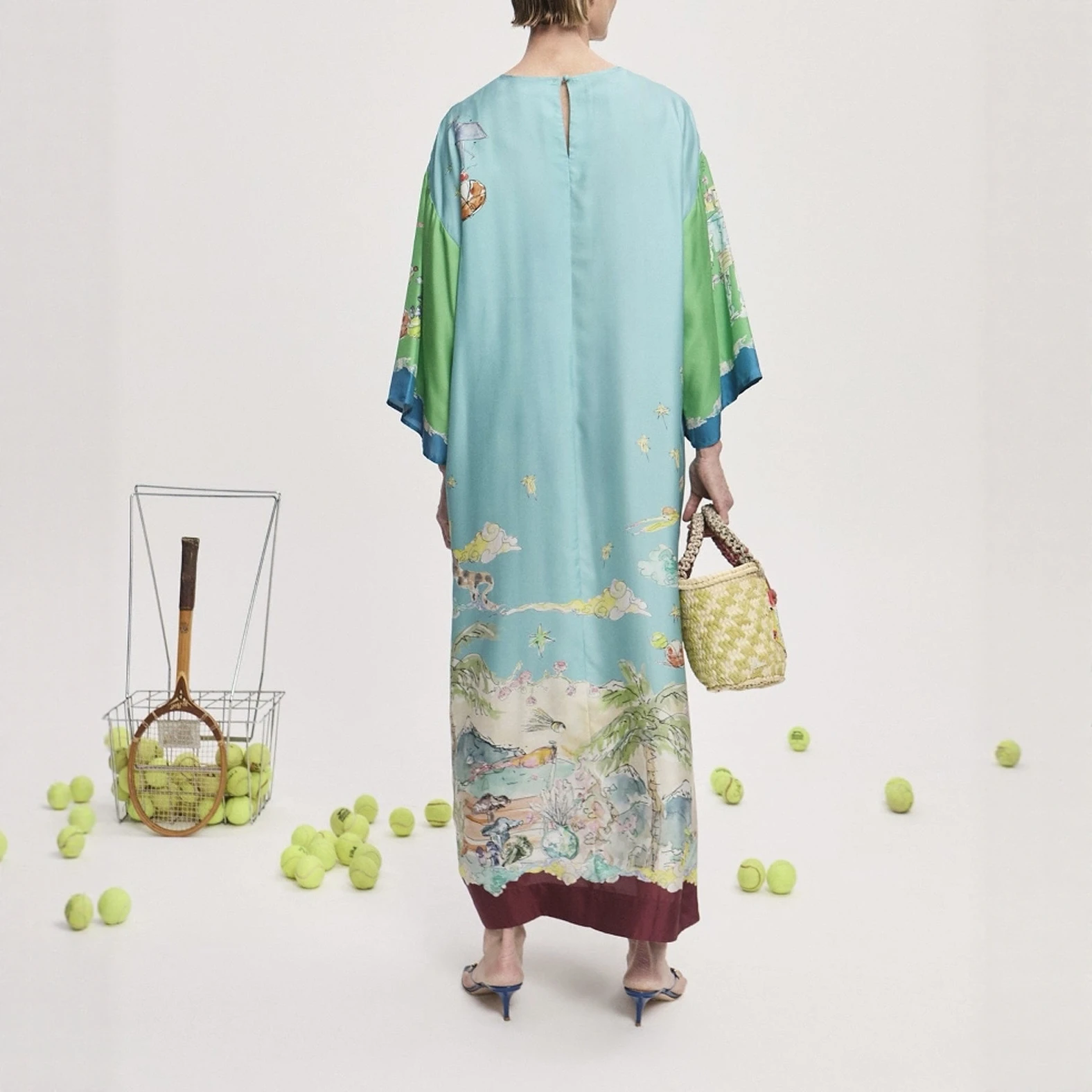 여름 신상 슬레 앰버 블루 실크 새틴 롱 프린트 드레스 여성용 루즈 매듭 캐주얼 올매치 여름 드레스