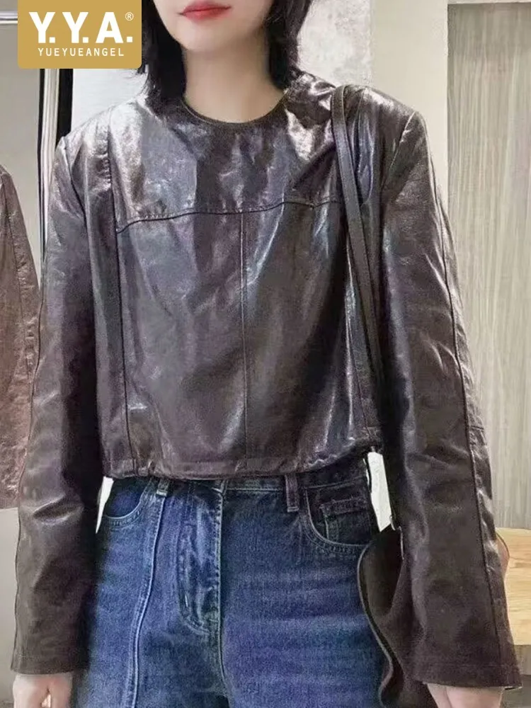 Office Female Round Neck Genuine Leather Short Jackets Loose Solid Color Sheepskin Zipper Long Sleeves Cowhide Outerwear