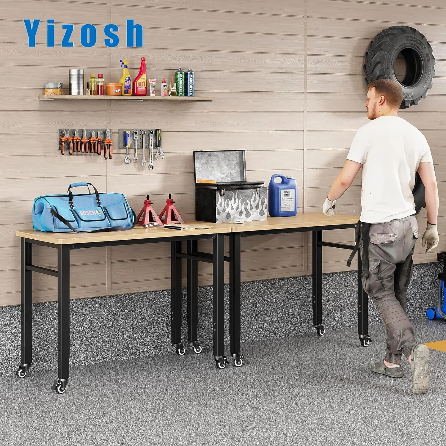 Établi portable réglable de 48 po avec roulettes, plateau en bois d'hévéa, capacité de charge robuste de 2000 lb