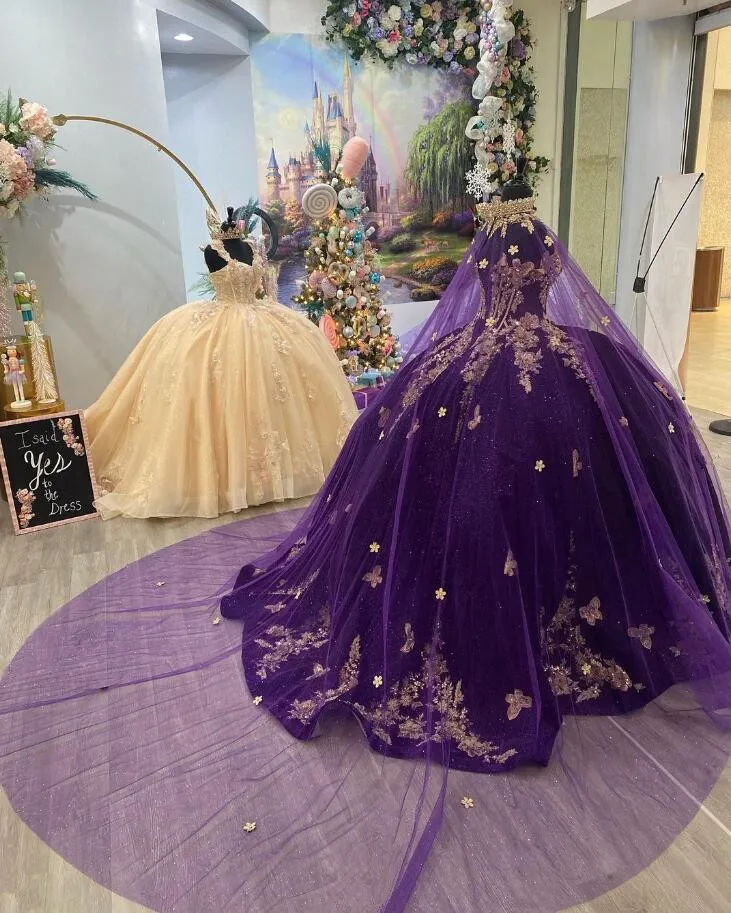 Purple Velvet Ball Gown Quinceanera Dresses with Cape Lace Applique Butterfly Sweet 16 vestidos de 15 quinceañera Lace Up Prom