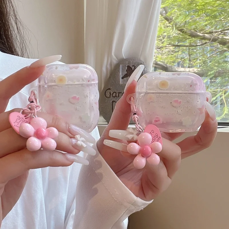 

Clear Cute Flower Print Earphone Case For Apple Airpods 4 3 2 Pro 3 Protective Cover with Pendant Silicone Headphone Cases For P