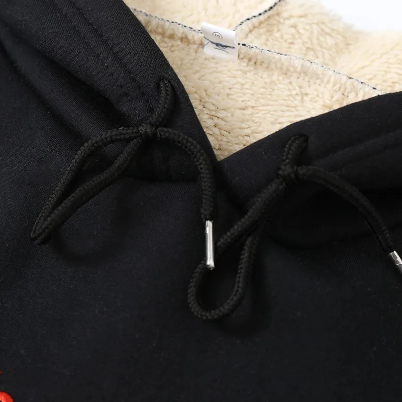 Winter Cotton Black Coat Hoodie Women Sweatshirt Lamb Cashmere Plush Thick Loose Cat Bear Print Warm Hairy Jacket Kawaii Clothes