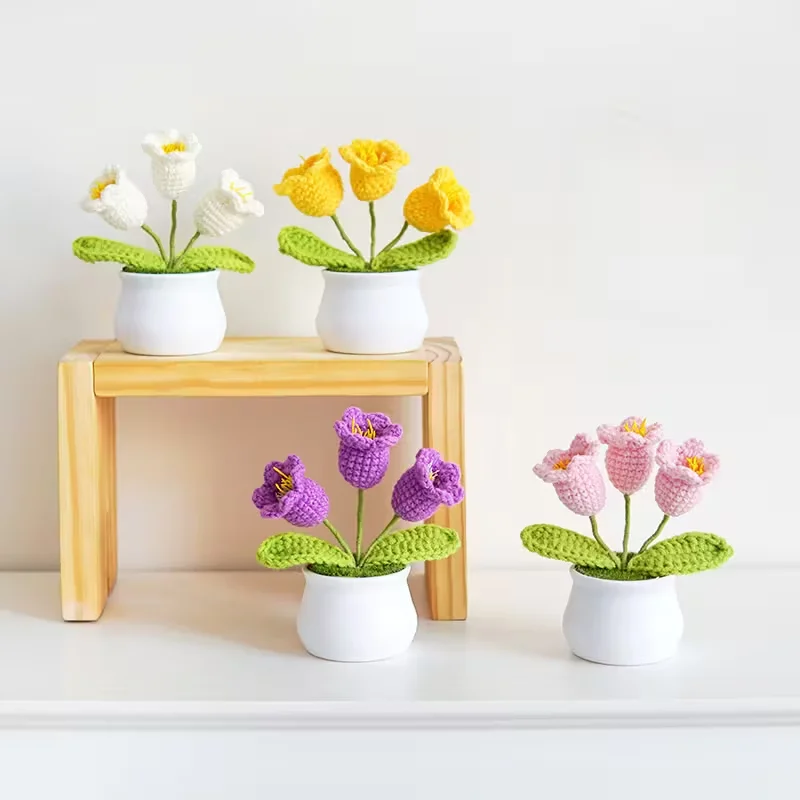 1 Stück handgehäkelte künstliche Blume, fertiges Geschenk, Maiglöckchen, kleine Topfpflanze, Tisch- und Partydekoration
