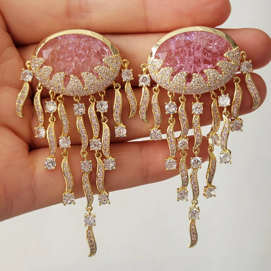 

Women Earrings Luxury Jewelry Zircon Pink Blue Green Jellyfish Large Dangle Earrings Female Gift