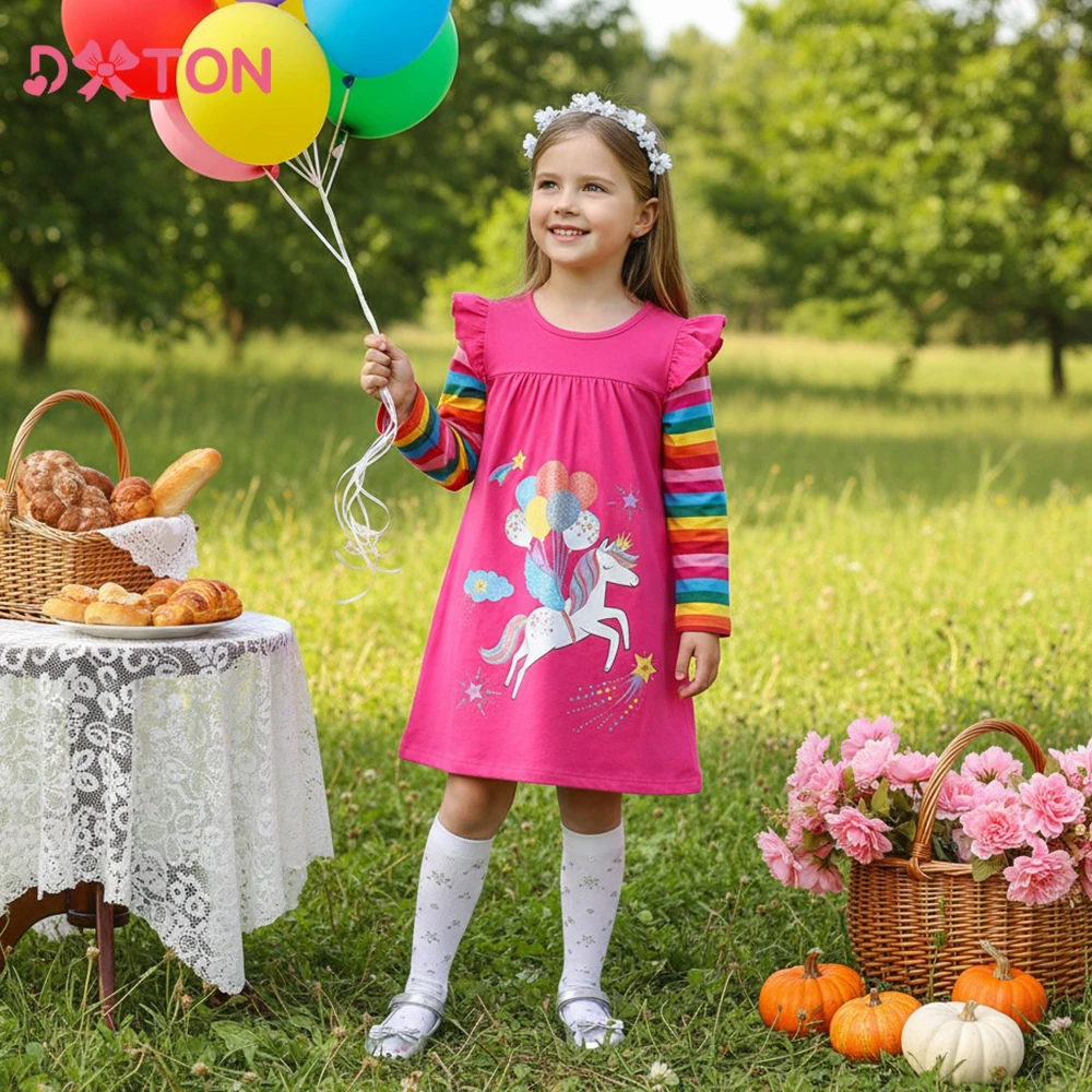 

DXTON Autumn Children's Straight Dress Stripe Rainbow Long Sleeve Kids Casual Dress Licorne Girl Cartoon Dress Vacation Clothing