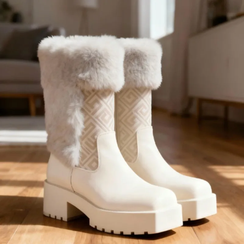 2025 شتاء جديد الخشنة عالية الكعب سميكة القاع حذاء الثلج عالي الرقبة دافئ الأوروبية والأمريكية الرجعية الجلد المدبوغ ضوء أحذية بوت قصيرة فاخرة #3