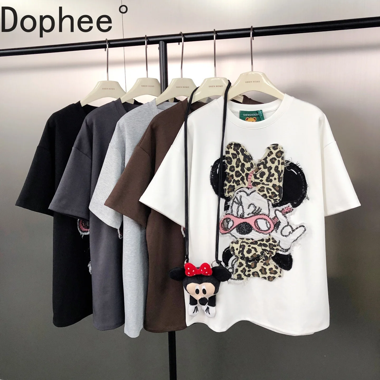 

Vintage American Street Embroidery Mickey Short Sleeve T-shirt New Autumn Sequins O-neck Pullover Top Cute Students Cotton Tees