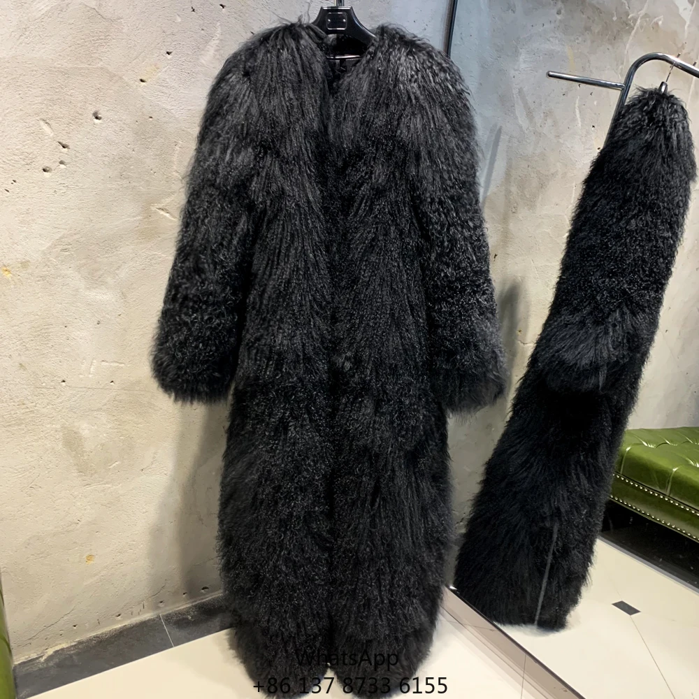 

O- Neck Long Fur Coats 2025 Natural Soft Sheep Fur Coat Black Mongolian Fur Woman Coat