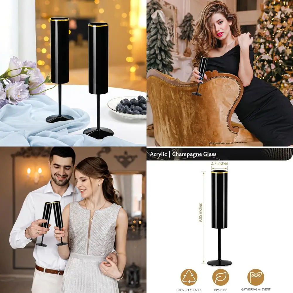 

Disposable 5.4 oz Black Acrylic Champagne Flutes with Gold Rims, Reusable for Weddings, Christmas, and Halloween