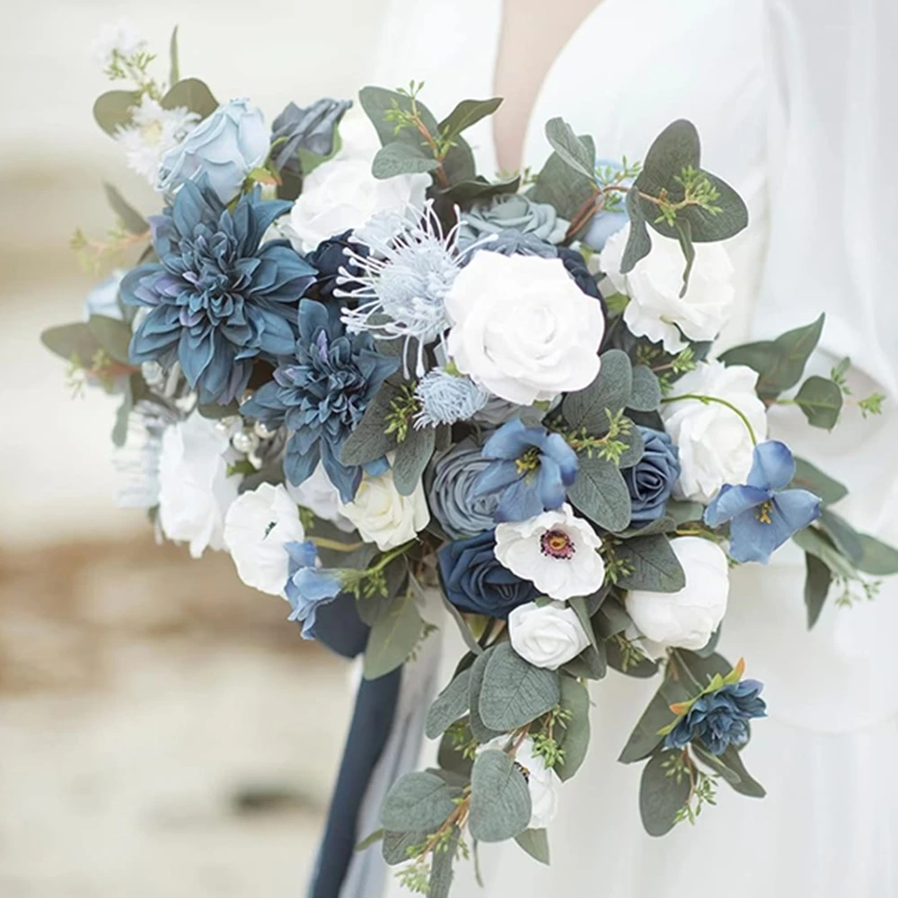 Blue and white rose artificial flower combination box, bridal bouquet, outdoor/indoor DIY decoration, holiday decoration flowers