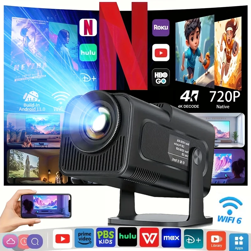Projecteur haute définition avec correction automatique de la distorsion trapézoïdale et 180° °   Rotation, Android, Wi-Fi 6/BT5.4, Résolution native 720P/Prend en charge le décodage 4K, Compatible avec Netflix/Prime Video/Hulu, Cinéma maison intérieur/extérieur, Cadeau idéal, Projection moderne, Fiable
