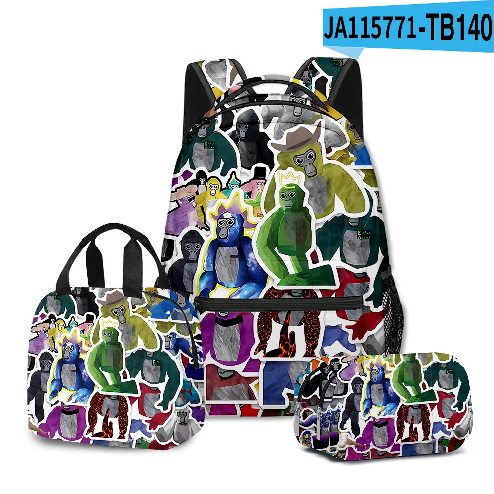 Classic Popular Novelty Gorilla tag 3D Printed 3pcs/Set student School Bags Travel Notebook Backpack Lunch bag Pencil Case image 3
