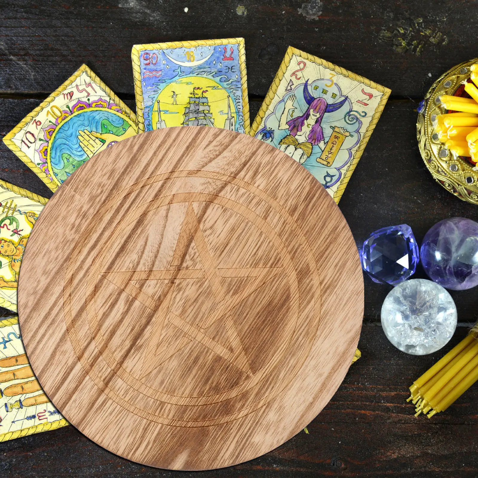 Wooden Pentacle Altar Tray Decorative Round Offering Plate for Worship Rituals Household Home Decor Sacrificial Ornament Tray
