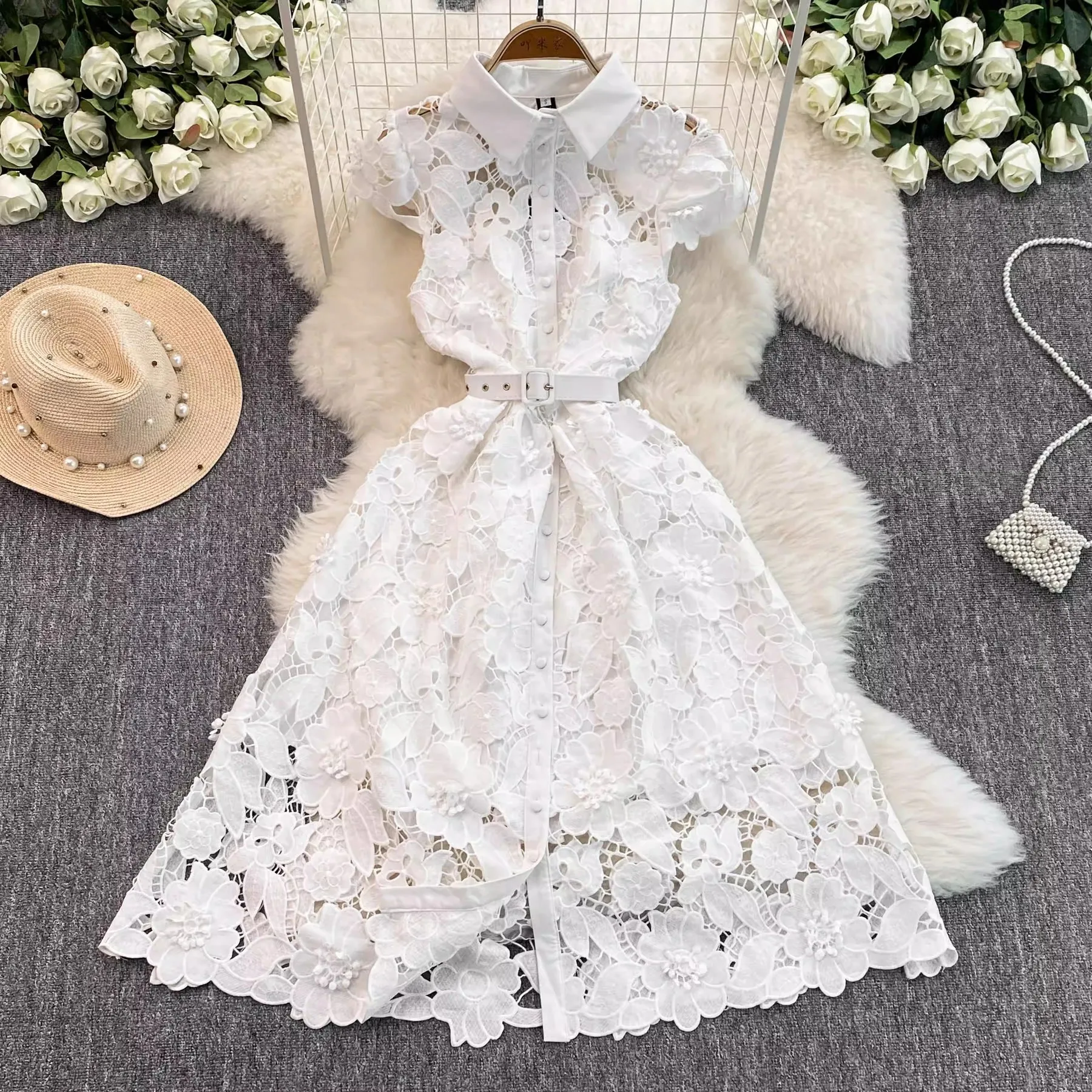 Summer Autumn Sundress Holiday 3D Flower Embroidery White Lace Prom Dress Shirt Women Elegant Evening Party Midi Long Vestidos