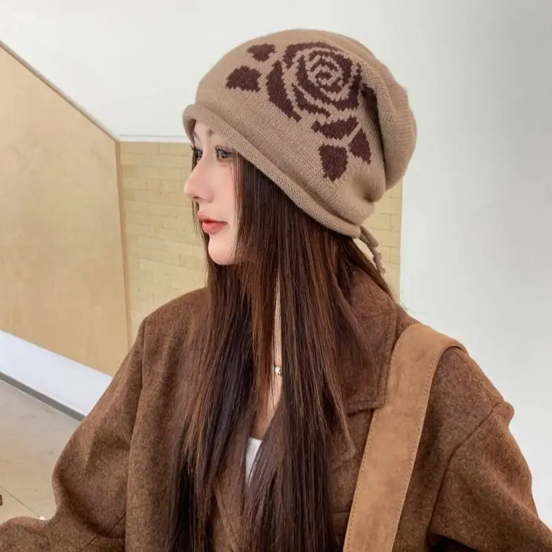 Rose Pattern Knitted Beanie Women Slouchy Rolled Brim Warm Winter Hat Adjustable Tie for Daily Outdoor Wear