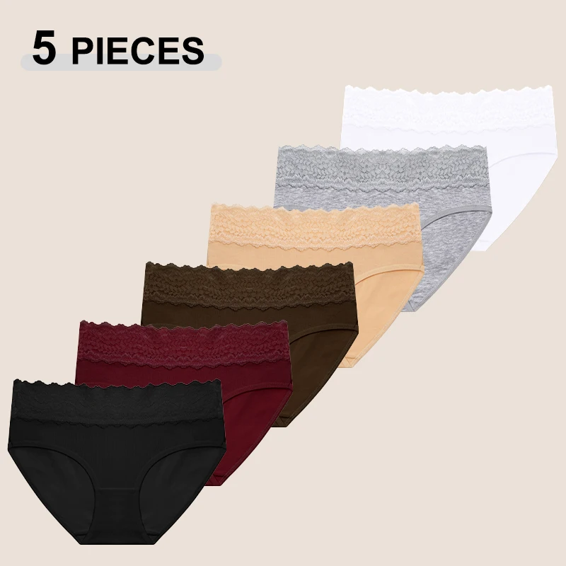 5Pcs/Set Sexy Lace Cotton Briefs Set For Women Seamless Solid Color High Quality Underwear Fashion Soft Cozy Intimate Lingerie
