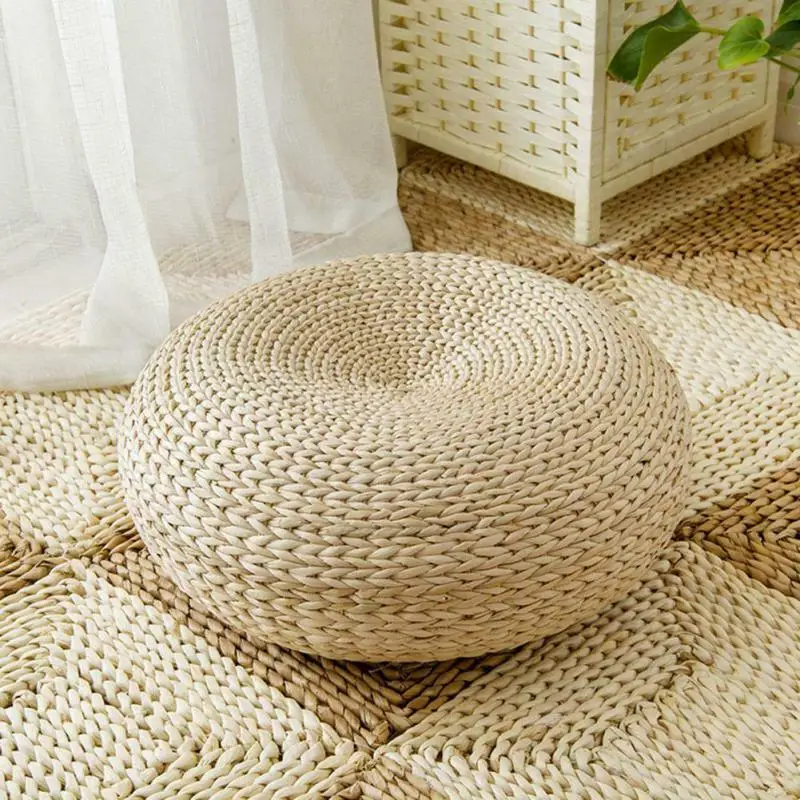 

Hot Cushion Natural Straw Round Pouf Tatami Cushion Weave Handmade Pillow Floor Japanese Style Cushion With Silk Home Textile