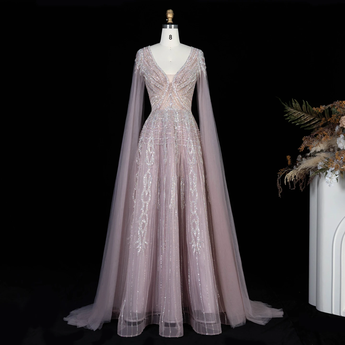 Sharon Said Luxuriöses grünes Abendkleid mit V-Ausschnitt, langen Tüll-Cape-Ärmeln, aufwendig mit Perlen verziert, für formelle Anlässe und Partys, SS073, nach Maß – Detail 11
