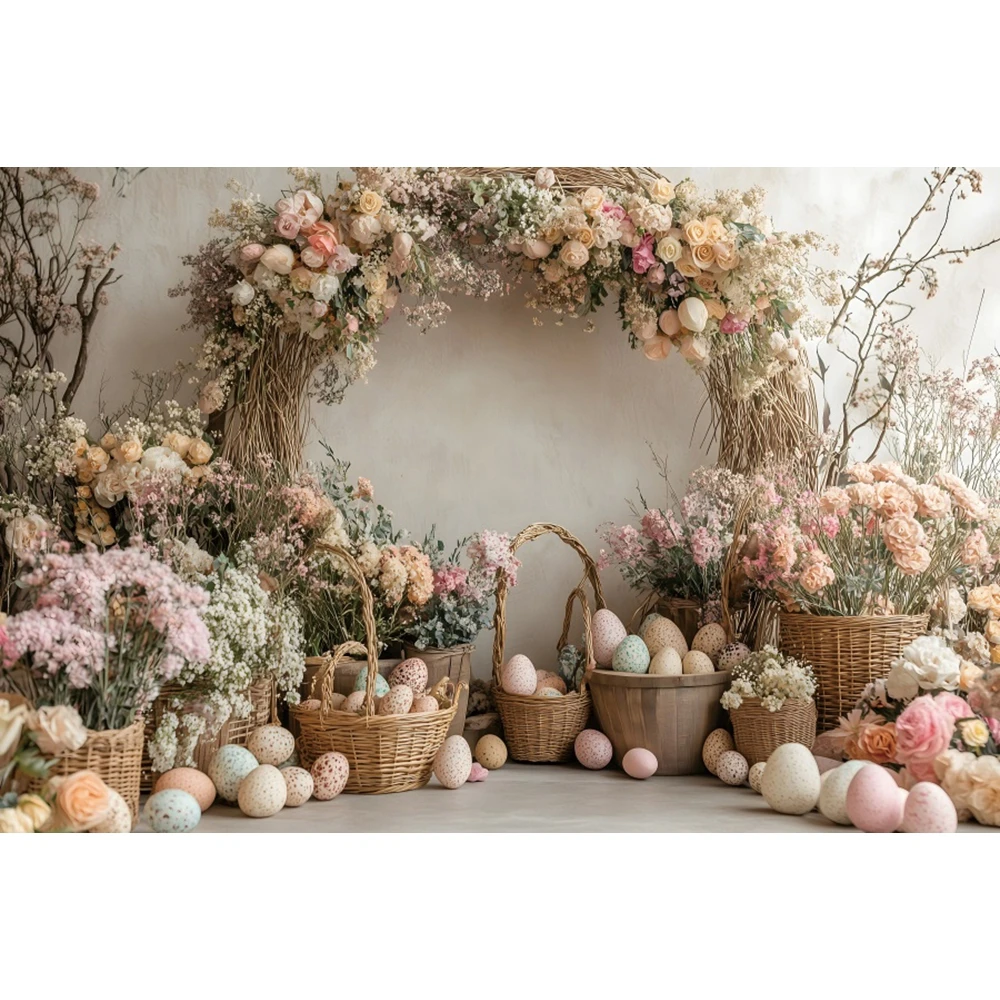 Spring Easter Photography Background Boho Flower Arch Door Bunny Colorful Eggs Rabbit Kids Birthday Decor Backdrop Photobooth
