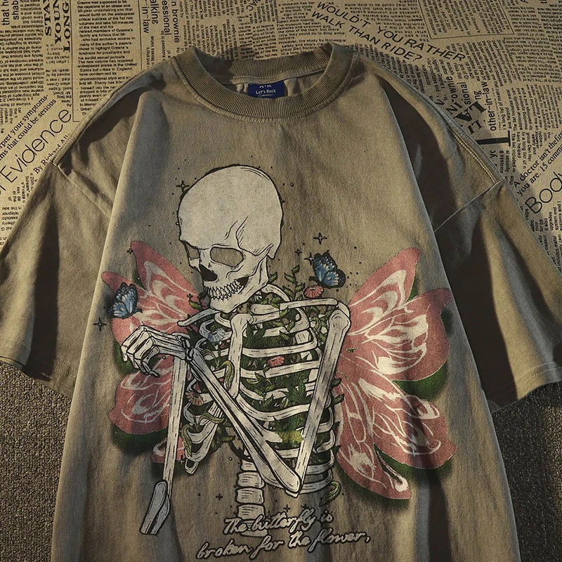

Skeleton Butterfly Print Women O Neck Short Sleeve T Shirts Summer Vintage Street Fashion Chic Loose Tops Black Brown Halloween
