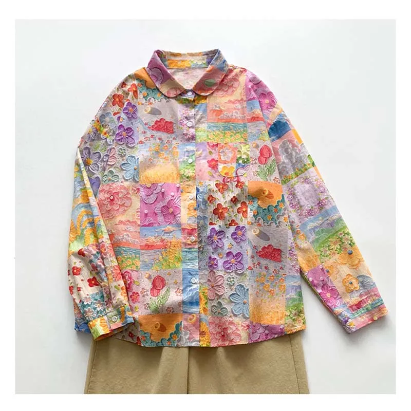 

Oil Painting Printed Cotton Long Sleeve Shirt Ladies Spring Retro Western Style Loose Joker Shirt