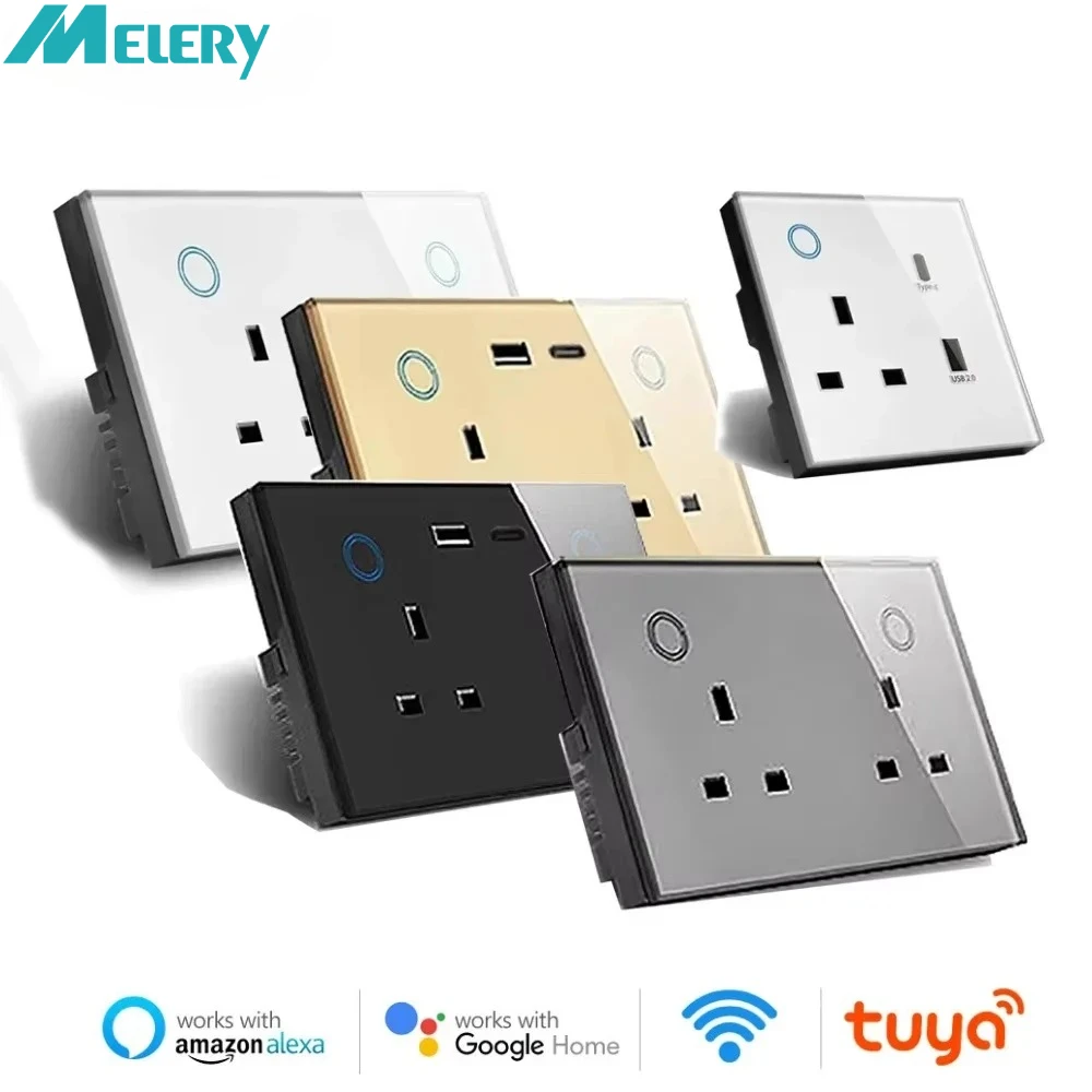 Melery WIFI Smart Tuya USB Type-C PD 20W Wall Socket UK Plug Outlet Power Monitoring Touch Switch Remote by Alexa Google Home