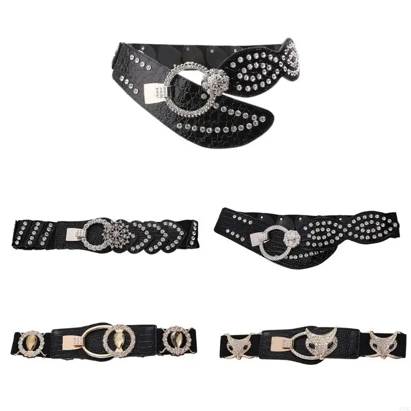 49mc Rhinestones Sabuk Pinggang Rantai Punk untuk Koboi Cowgirl Studded Elastic Buckle Retro Sabuk Pinggang Gesper Pinggang