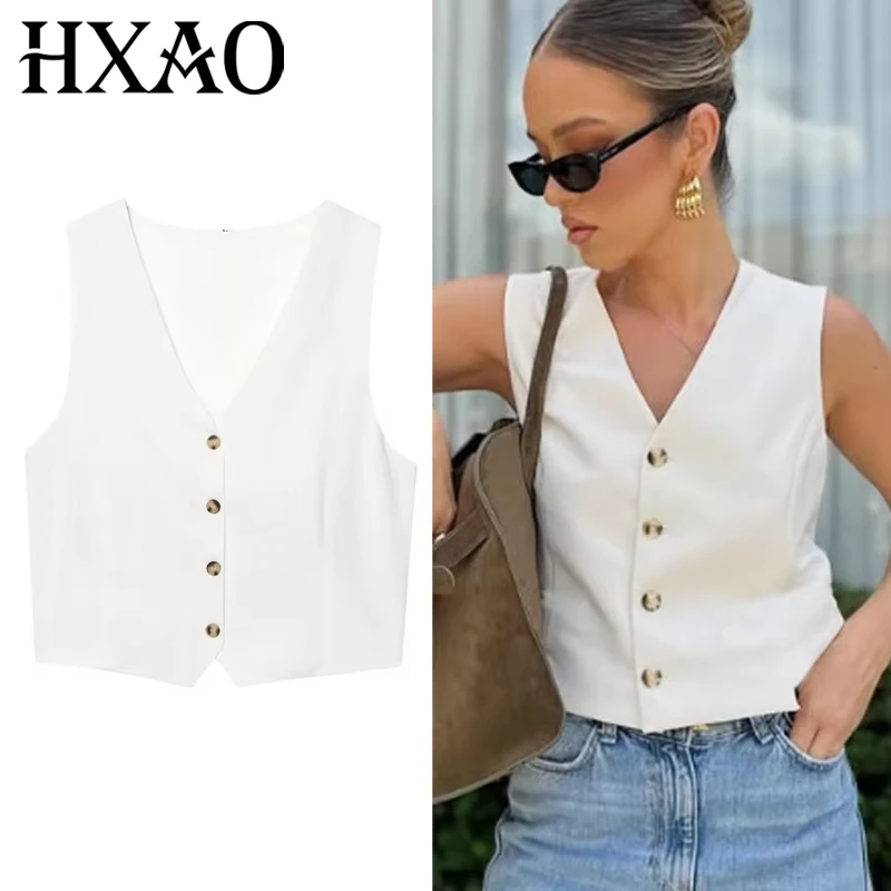 

HXAO Women's Crop White Vest Summer 2025 Button Up v-Neck Backless Waistcoat Outerwears Elegant Cut Out Sleeveless Vests Giletes