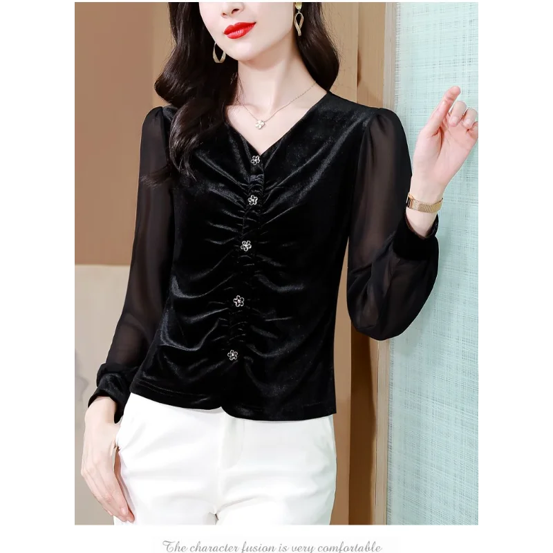 

Нижняя рубашка с v-образным вырезом, кружевной осенне-зимний однотонный повседневный модный топ на пуговицах с длинными рукавами