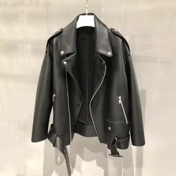 Abrigo de estilo motociclista para mujer, chaqueta de cuero genuino con cinturón, manga de hombro caído, cuello vuelto, nueva moda, Primavera, 2024