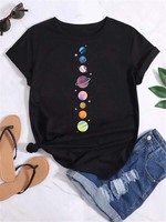 Maycaur T Shirt Women Moon Planet Print Fashion Tee Shirts Casual Round Neck Short Sleeve Streetwear Female T-Shirt Vintage Tops