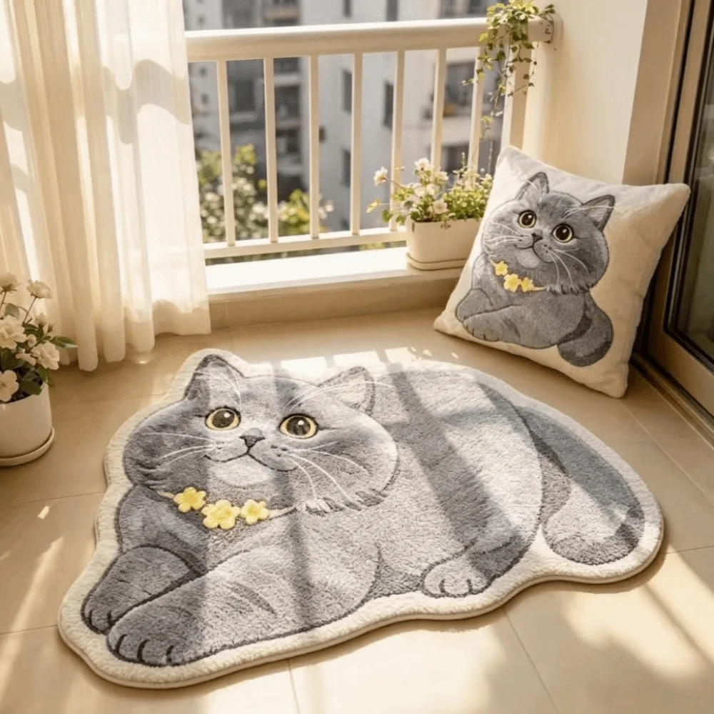Soft Surface Cat Shape Floor Mat Crystal Velvet Cute Outline Crystal Velvet Rug 2D Printed Cool Floor Barrier Entryway Door Mat